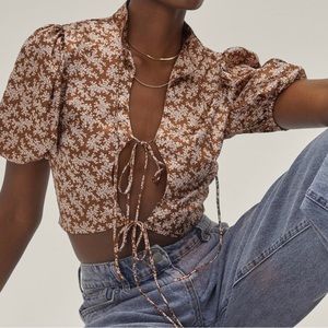 Nasty Gal Ditsy Satin Tie Detail Cut Out Crop Top